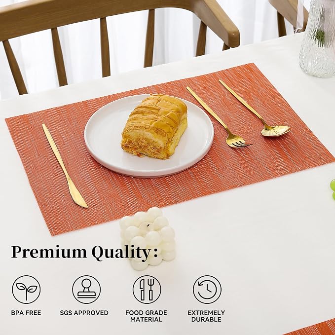 Leetaltree Orange Placemats Set of 4 - Heat Resistant Non-Slip Place mats for Dining Table, Washable Durable PVC Vinyl Woven Table Mats（Orange, 4）