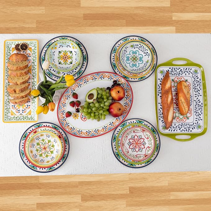 12 pcs Talavera Melamine Dinnerware Set, Service for 4 Melamine Plates and Bowls Set, Unbreakable Dishes Dinnerware Set, Great for RVs, Camping, BPA Free and Dishwasher Safe