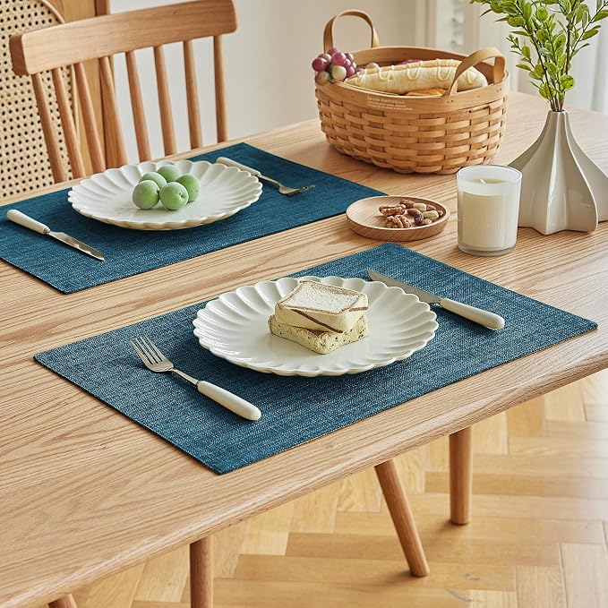 Softalker Faux Linen Placemats Set of 4-12 x 18 Inch, Heat Resistant Double Layered Durable Burlap Farmhouse Place Mats, Non-Slip Washable Rustic Table Mats for Dining, Kitchen, Party（Teal