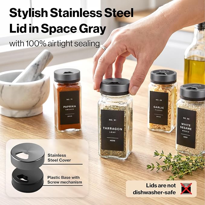 Glass Spice Jars with Label, Space Gray Sprinkle Lids (24 x 4oz) | Airtight Lids keep spices fresh, Kitchen Spice Drawer Organizer, 4oz Seasoning Containers incl. Funnel, Brush & 240 Labels