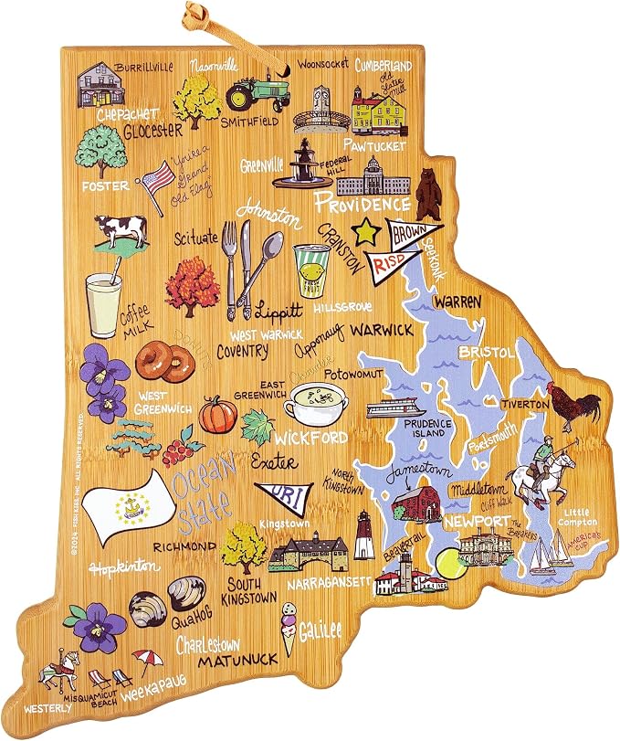 Totally Bamboo Rhode Island State Shaped Cutting Board, Art by Fish Kiss | State charcuterie board with colorful hand-drawn map artwork. Smooth reverse side for food prep. Hang tie for wall display.