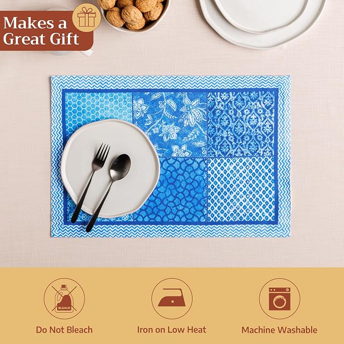 Maison d' Hermine Placemats Set of 4 Reusable 100% Cotton (13"x19") | Cloth Place Mats Washable Table Mats for Kitchen Dining Party Wedding Hotel Home Restaurant Spring Summer - Indigo Love