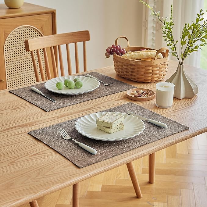 Softalker Faux Linen Placemats Set of 8-12 x 18 Inch, Heat Resistant Double Layered Durable Burlap Farmhouse Place Mats, Non-Slip Washable Rustic Table Mats for Dining, Kitchen, Party,Natural Linen