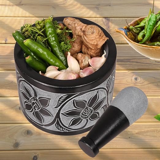 Mortar and Pestle, Made of Heavy Duty Polished Hard Stone, Natural Stone Grinder for Spices, Pastes, Herbs, Seasoning etc. (Ember)
