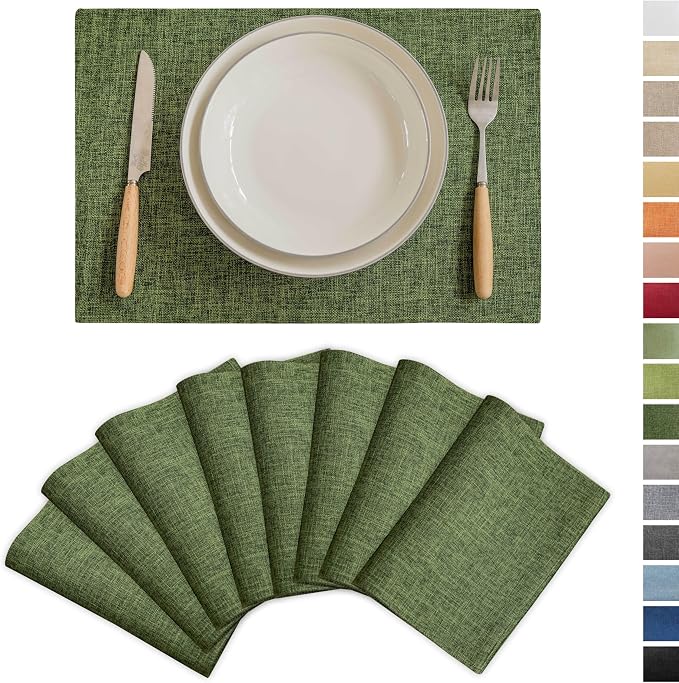 Demetex Dark Green Placemats Set of 8 Decorative Linen Textured Place Mats Heat Resistant Plate Table Mats for Summer Cafe Party Banquet Tables, 13x19 inch, Green