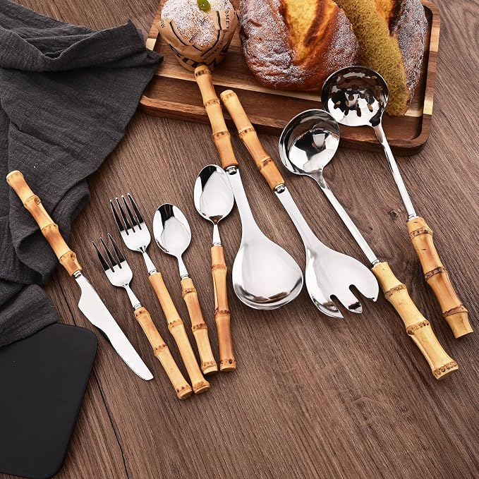 50PCS Silverware Set for 10, Bamboo Handle Flatware Set, Stainless Steel Cutlery Set for Home Restaurant and Party, Bamboo Forks Spoons and Knives Set, Polished Tableware