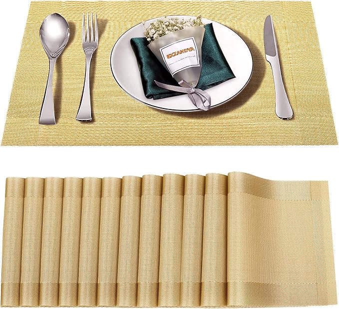 Gold Vinyl Placemats Set of 12,Washable Dining PVC Table Mats | Heat resistant, stain resistant non slip vinyl place mats, washable gold table placemats for dining table