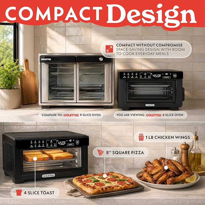 Gourmia Toaster Oven Air Fryer - 4 Slice Capacity, Single Door, Digital Display, Air Fry, Toast & Dehydrate, Convection Cooking, Fits 8” Pizza, 3 Rack Positions, Dishwasher-Safe Trays, Black