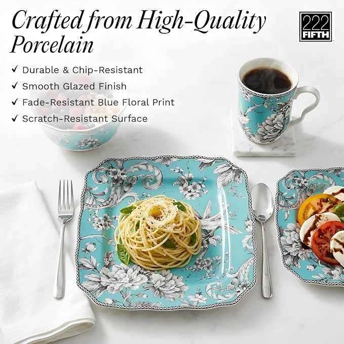 222 Fifth Adelaide Turquoise 16-Piece Porcelain Dinnerware Set | Microwave and Dishwasher Safe Dining Set for 4 | Stackable and Chip-Resistant Plates Bowls and Cups | Gift for Housewarming & Wedding