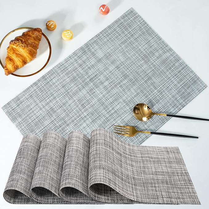 Zupro Gray Placemats Set of 4 Woven PVC 18"x12" for Indoor Outdoor Usage | Washable Heat-Resistant Non Slip Table Mats PVC Vinyl Kitchen Dining Patio Table Place Mats for Holidays Dinner Parties BBQs