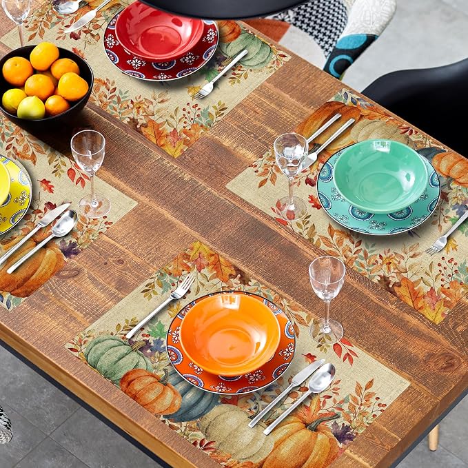 Fall Thanksgiving Placemats Set of 6 18x12 Inch Autumn Pumpkins Maple Leaves Linen Place Mats Heat-Resistant Washable Wipeable Table Mat for Party Kitchen Dining Room Dinner Table Decor