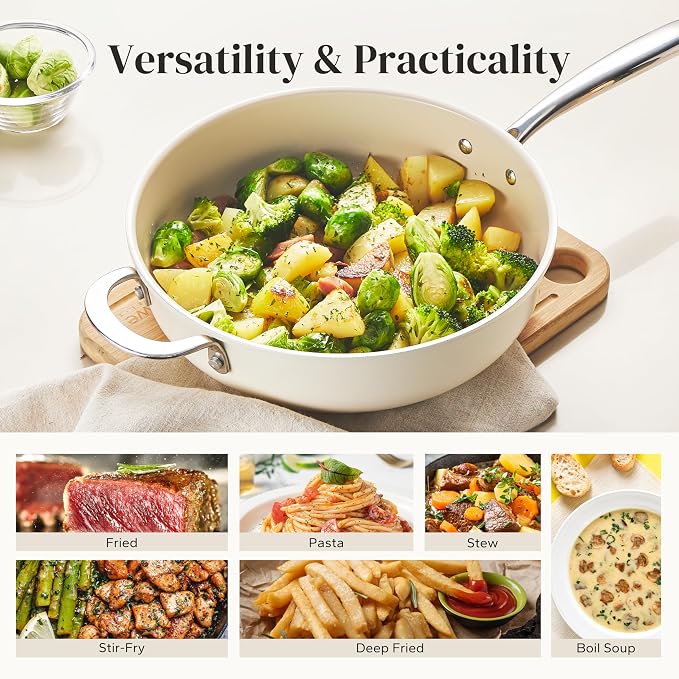 Redchef Ceramic Saute Pan with Lid, Nonstick Deep Frying Pan, 5QT Jumbo Cooker with Helper Handle & Lid, Non Toxic Ceramic Cooking Pan, Chef Pan, Dishwasher & Oven Safe, PFAS PFOA & PTFE Free