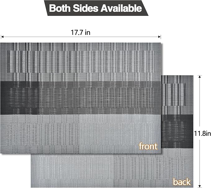 SLKQG Placemats Set of 6 - Easy Clean Washable Vinyl Placemats - Heat Resistant PVC Place Mats for Dining Table (Black and Gray, 6)