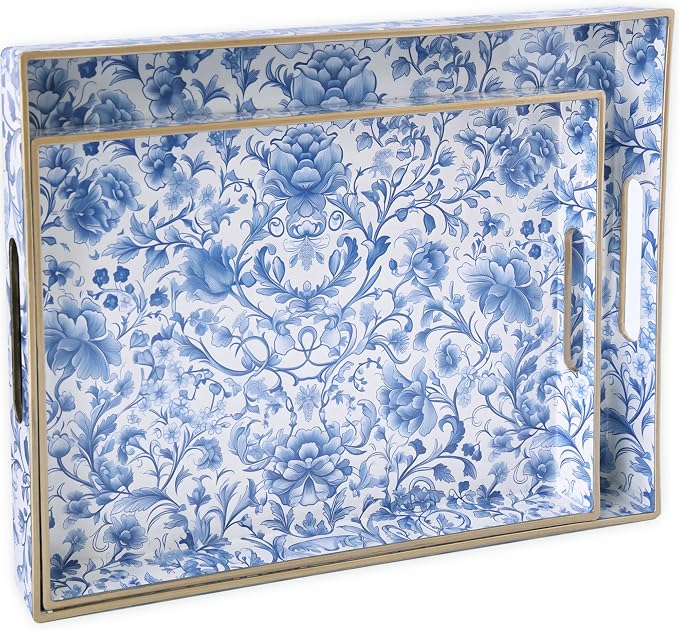 Serving Tray with Handles, 2 Pack Rectangular Plastic Tray 15.75x11.81 Inch, Blue and White Peony Chinese Porcelain Style Decorative Tray for Kitchen, Dining Table, Vanity, Office & Home