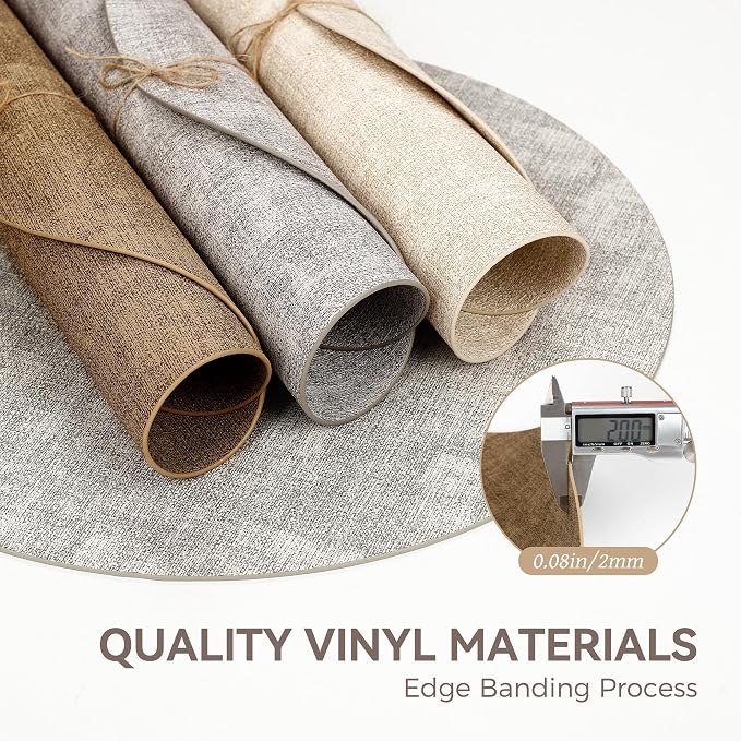 13" Round Placemats Set of 12, Reversible Faux Leather Wipeable Table Mats | 2mm Vinyl Heat Resistant Waterproof Oilproof Scratch Proof Non-Slip, Washable for Kitchen Dining Indoor Outdoor (Light Brown)