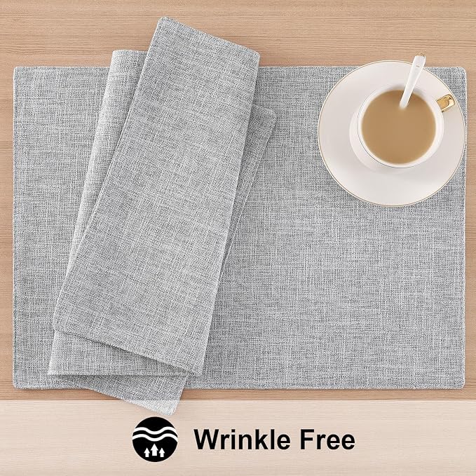 Faux Cotton Linen Placemats Set of 6, Cloth Washable Farmhouse Dining Table Mats for Indoors & Outdoors, Easy to Clean, Light Grey, 13 x 19 Inch