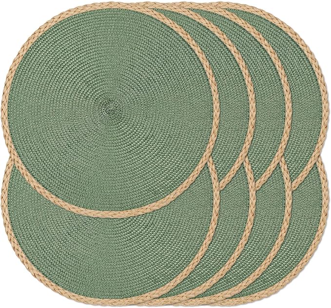 Round Placemats Set of 8, Woven Table Mats, Thin Edge, Green | Braided Paper Edge, 15 Inch Diameter, Fits Dinner Plate and Flatware, Wipeable, Heat Resistant, Indoor Dining, Outdoor Patio