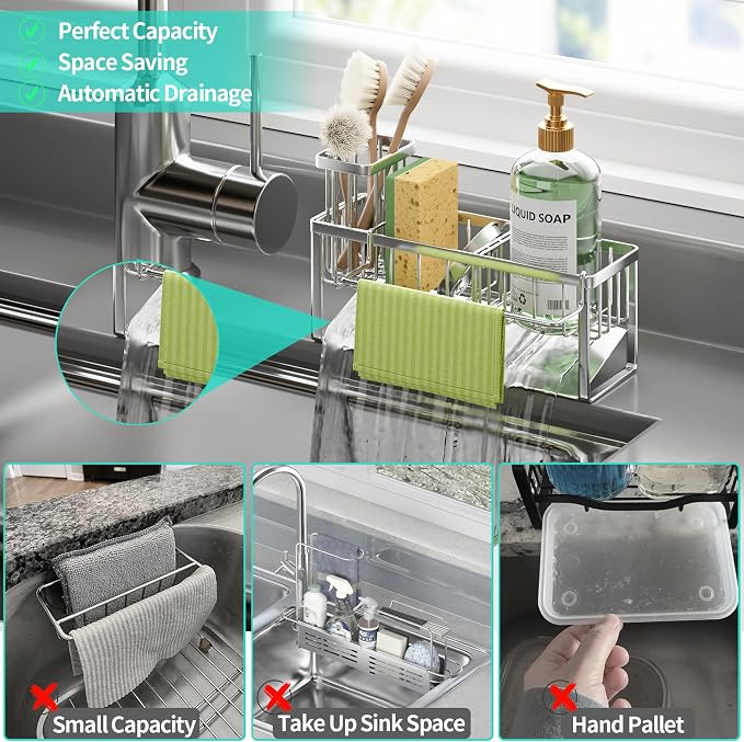 HapiRm Sponge Holder for Kitchen Sink - Self-draining Rustproof Organizer | Sloping Self-draining, Detachable Brush Holder, Stores Sponges, Brushes & Dishcloth, For Countertop Storage, Silver