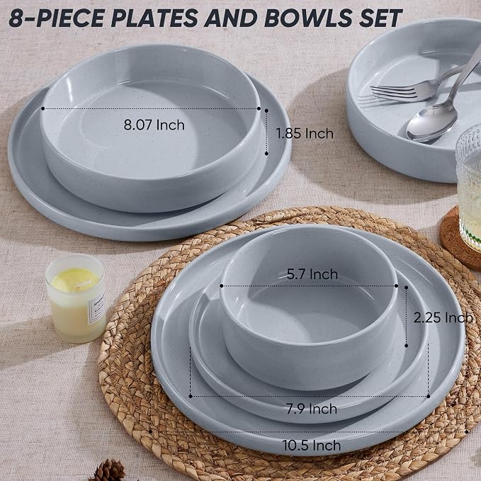 E-far 8-Piece Stoneware Dinnerware Sets with Pasta Bowls, Gray | Plates and Bowls Sets for 2, Microwave & Dishwasher Safe Kitchen Modern Dish Set, Speckled Gray