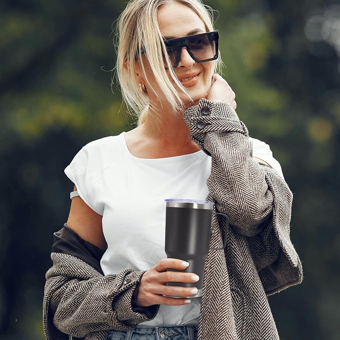 20 oz Tumbler with Handle Coffee Tumblers with Lid Travel Mug Grey 12P | 20oz Tumblers with Handle Double-Wall Insulated Vacuum Coffee Mugs Stainless Steel Tumbler with Handles&Lid Grey 12P