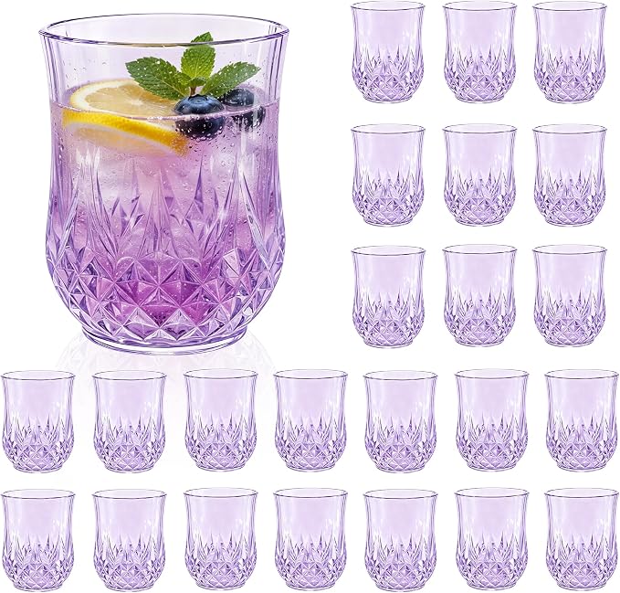 24 Pack Plastic Stemless Wine Glasses, 12oz Unbreakable Wine Cups | Reusable Fancy Vintage Drinking Glass Bulk for Cocktail, Whiskey, Juice, Elegant Decor for Wedding, Party & Holiday Events
