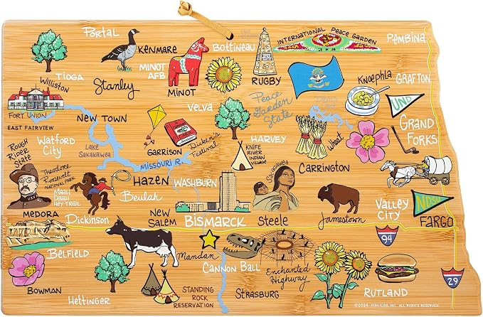 Totally Bamboo North Dakota State Shaped Cutting Board, Art by Fish Kiss | State charcuterie board with colorful hand-drawn map artwork. Smooth reverse side for food prep. Hang tie for wall display.