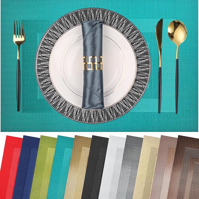 PIGCHCY Placemats Set of 12 Washable Durable Place Mats Vinyl Heat Resistant Non-Slip Table Mats Indoor Outdoor (18 x 12 inches, Turquoise Blue)