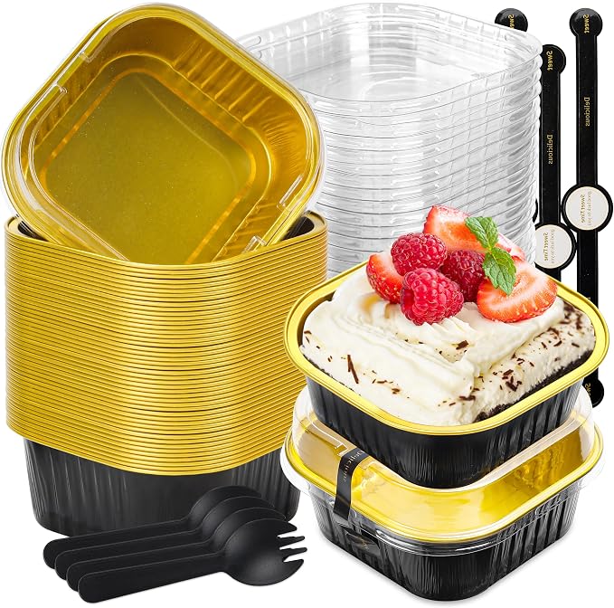 Square Pans with Lids, 60 Pack Black Gold for Dinner Parties | Good for custard, snack cups, fruit toppings and baked samples; simple structure is easy to understand at a glance.