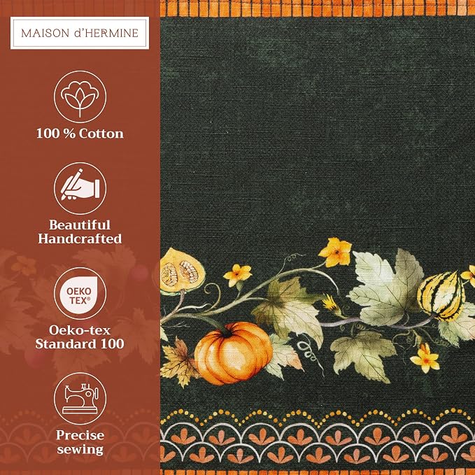 Maison d' Hermine Placemats Set of 4 Reusable 100% Cotton (13"x19") | Cloth Place Mats Washable Table Mats for Kitchen Dining Party Hotel Home Thanksgiving Christmas - Pumpkin Garden - Dark Green