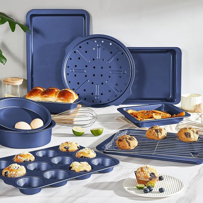 Bakeware Sets, Baking Pans Set, Nonstick Oven Pan for Kitchen with Wider Grips, 10-Piece Including Rack, Cookie Sheet, Cake Pans, Loaf Pan, Muffin Pan, Pizza Pan - Blue