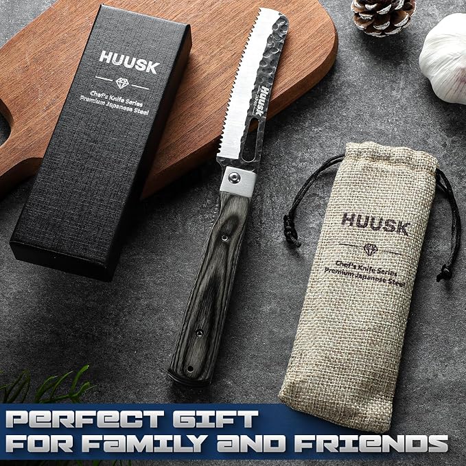 Huusk Japanese Folding Bread Knife - Pocket Knife with Wide Wavy Edge | Hand Forged Blade, Wooden Handle, Gift Box, For Homemade Bread, Steak and Tomato, For BBQ, Camping and Travel