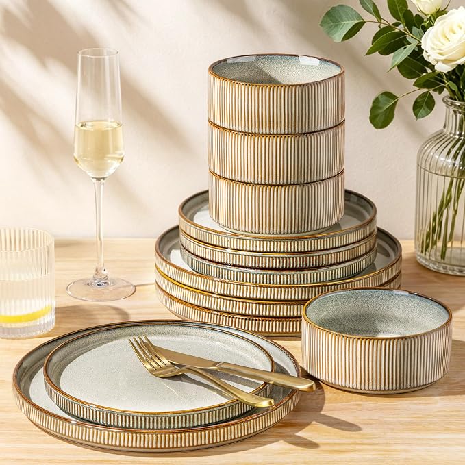 GBHOME Stoneware Dinnerware Sets for 4, 12-Piece Plates and Bowls Set | Handmade Reactive Glaze Ceramic Dish Set, Scratch Resistant, Dishwasher&Microwave Safe,Green Wheat