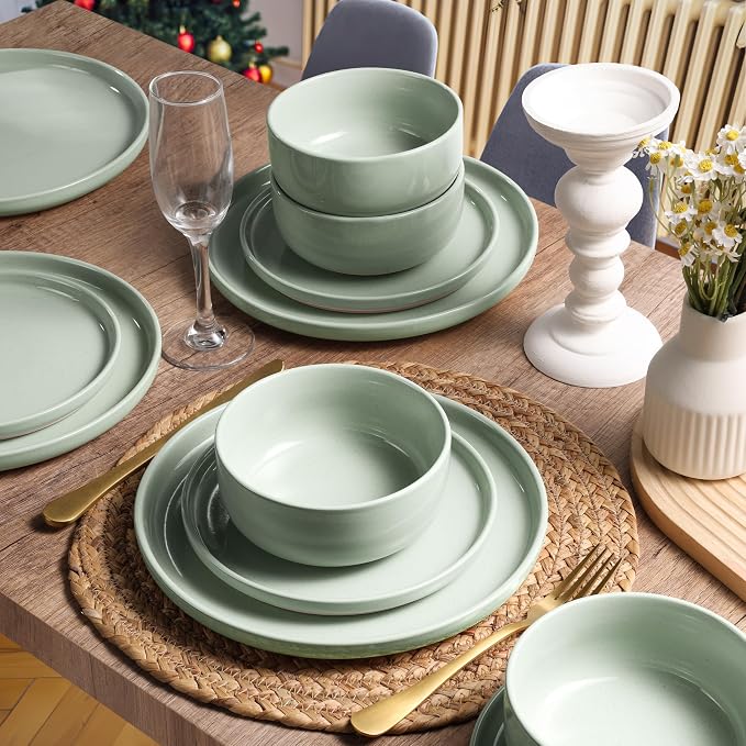 HaWare Dinnerware Sets, 24Pcs Plates and Bowls Set for 8, Asparagus Green