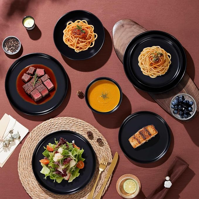 LIANYU Dinnerware Plates and Bowls, 24 Piece Dishes Set for 8, Black Onyx | Dishwasher and Microwave Safe Stoneware Dinning Ware Set, Ceramic Dinner Salad Plates and Cereal Bowls, Scratch Resistant