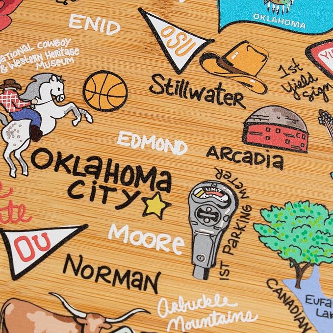 Totally Bamboo Oklahoma State Shaped Cutting Board, Art by Fish Kiss | State charcuterie board with colorful hand-drawn map artwork. Smooth reverse side for food prep. Hang tie for wall display.