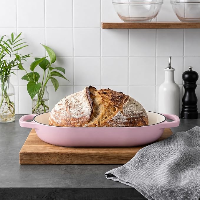 Enameled Cast Iron Dutch Oven Pot with Dome Lid, Oval Bread Oven for Homemade Sourdough Bread Baking, Oven Safe up to 500°F, 6 Quart, Pink