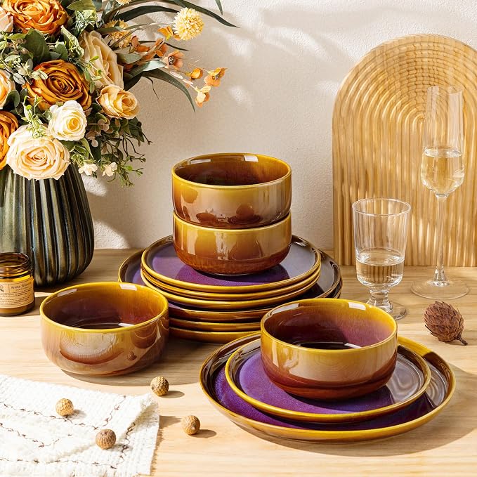 Ceramic Dinnerware Set for 8, 24-Piece Plates and Bowls Set | Handmade Reactive Glaze Dish Set, Scratch Resistant, Oven & Microwave & Dishwasher Safe, Amber Amethyst