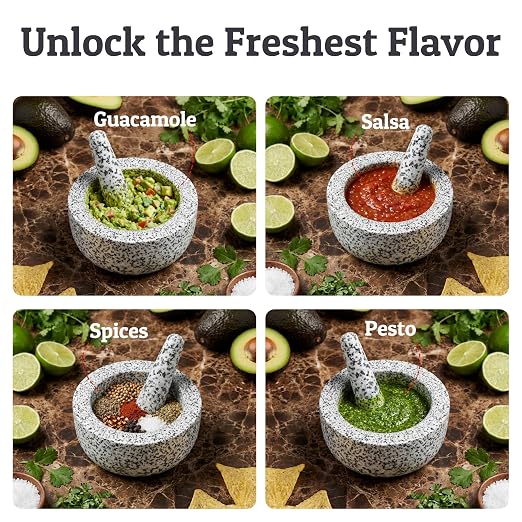 Heavy Duty Large 4 Cup Mortar and Pestle Set, 100% Natural Granite, 7 Inch Diameter Bowl, 7.2 Inch Pestle, Non-Slip Base, Stone Grinder for Guacamole Salsa Pesto Herbs Spices, White