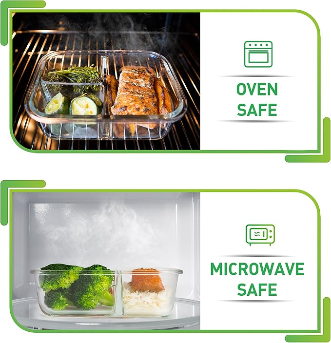 PrepNaturals 5 Pack 34oz Glass Meal Prep Containers - 3 Compartments | Borosilicate Glass Meal Prep Containers - Airtight Leak-Resistant Lids, Microwave, Oven & Freezer Safe (5-Pack, 34 oz)
