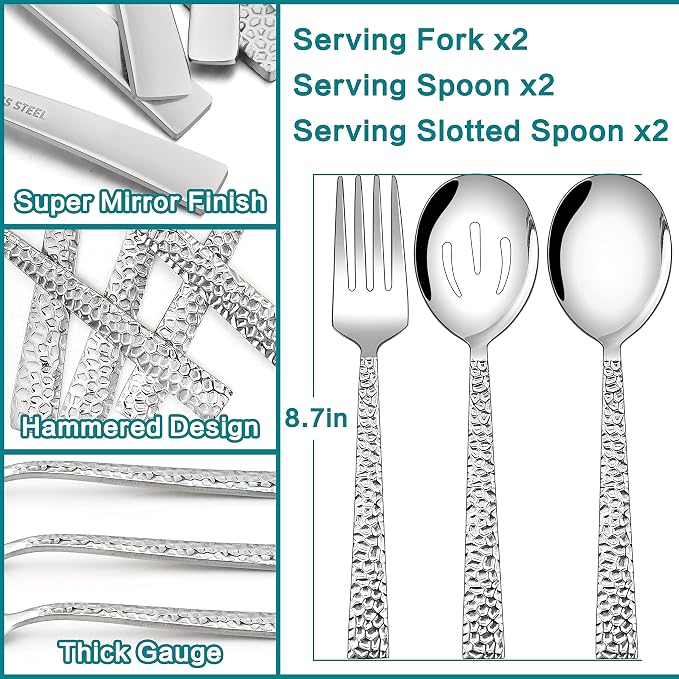 E-far Hammered Serving Utensils, 6PCS Stainless Steel Hostess Serving Set | 8.7 Inch Square Cutlery, Metal Serving Spoon/Slotted Spoon, Fork for Party Buffet Catering, Mirror Finished & Dishwasher Safe
