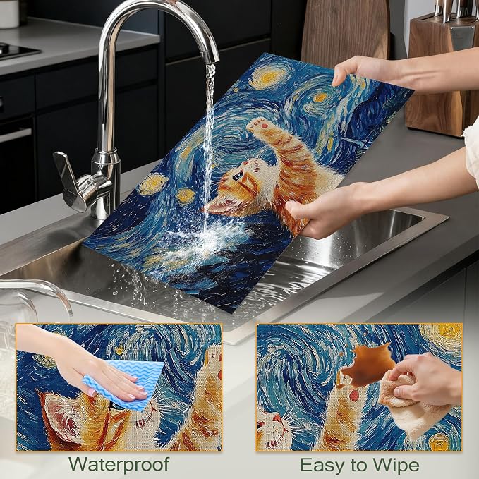 Cute Cat Cloth Placemats,Blue Starry Sky Heat-Resistant Table Placemats Set of 6, Washable Linen Place Mats for Dining Room Table Decor Home Restaurant Cafes Holiday Party 11.8x17.7 Inch