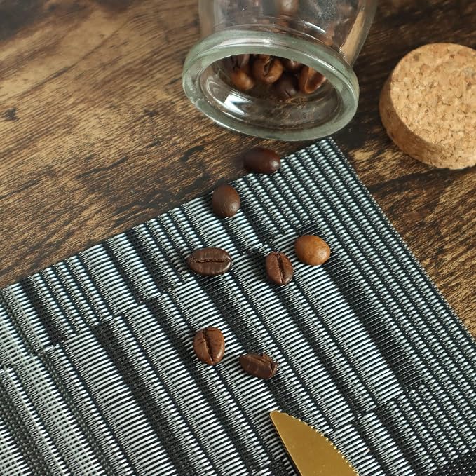 HeloHo Black Grey Stripe Placemats Set of 8, Heat-Resistant Washable Placemats Non-Slip Vinyl Woven Table Mats Wipeable Placemat for Kitchen Dining Table Decoration Indoor Outdoor