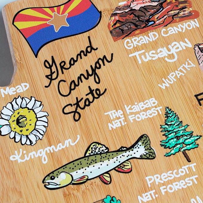 Totally Bamboo Arizona State Shaped Cutting Board, Art by Fish Kiss | State charcuterie board with colorful hand-drawn map artwork. Smooth reverse side for food prep. Hang tie for wall display.