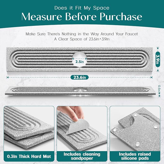 Stone Kitchen Sink Faucet Mat, Premium Upgraded Food Grade Diatomite Drying Stone Tray & Splash Guard, Fast Drying Sink Protector for Kitchen Counter, Dishwasher Safe (23.6" x 3.9")