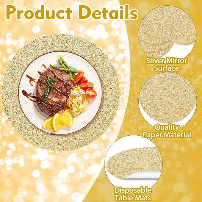 50PCS Light Gold Paper Placemats Disposable 13.4 Inch Shiny Golden Place Mats Round Decorative Glitter Table Mats for Birthday Wedding Holiday Party Decor Sparkle Dining Tableware
