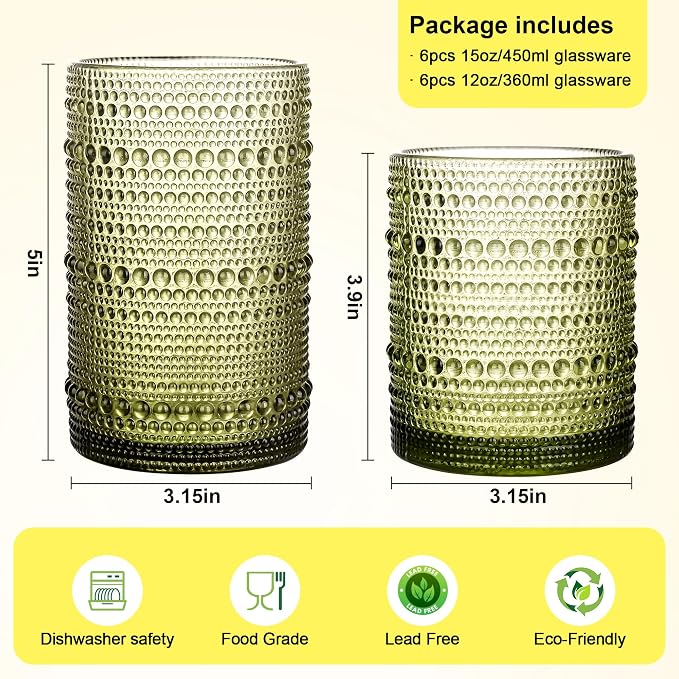 KMIGRUAN Hobnail Drinking Glasses Set of 12, 15Oz & 12Oz Cocktail Glasses | Sage Green Vintage Boho Highball Glasses, Mixed Vintage Glassware Set for Water, Cocktail, Beer, Whiskey, Juice & Bar Use