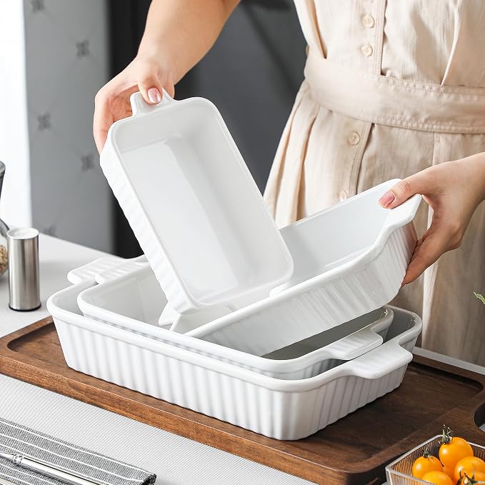 MALACASA Casserole Dishes for Oven, Ceramic Baking Dishes Set of 4, White | Rectangular Deep Lasagna Pans with Handles for Roasting Vegetable, Cake, Durable Bakeware, Wedding Gift(9.4/11.1/12.2/14.7")