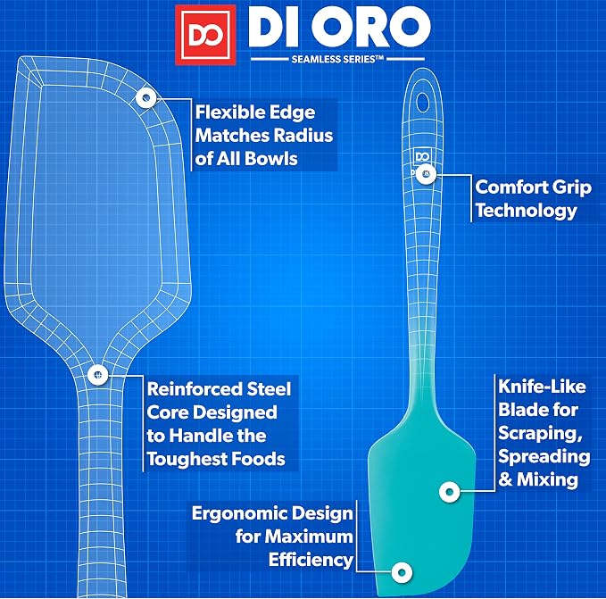 DI ORO Large Silicone Spatula - 600F Heat Resistant, Teal | Rubber scraper for baking, mixing, and frosting; Won't scratch nonstick pots and pans; BPA-free and dishwasher safe