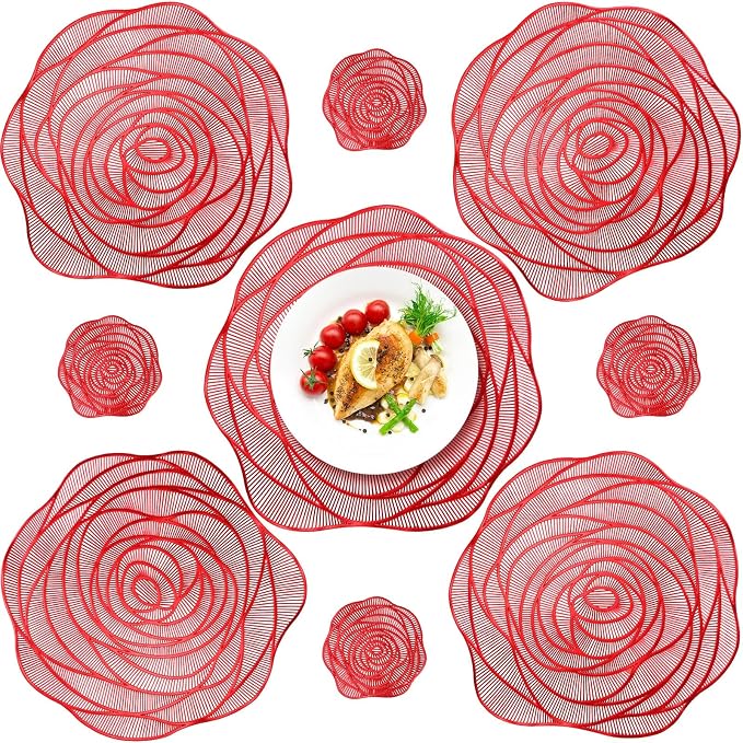Sieral Round Hollow Rose Vinyl 15'' Placemat & 4'' Coaster,Red,12 Set