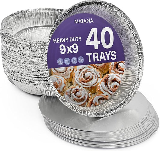 MATANA 40 Pack 9 Inch Round Aluminum Foil Pie Pans with Lids, Pie Tins Disposable for Cinnamon Rolls, Baking Tarts & Cakes, Pie Pan For Cooking, Storage, Roasting & Reheating